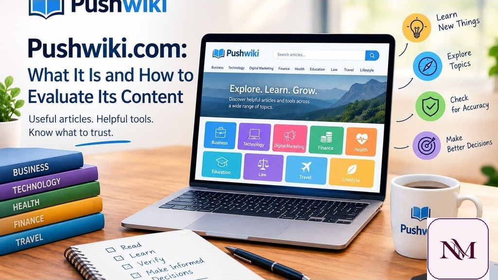Pushwiki.com guide displayed on a laptop with topic categories and a checklist for evaluating online information