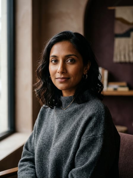 AI-generated editorial portrait of Inez Rahman, contributing writer for Design at NEWORLDSMAGAZINE